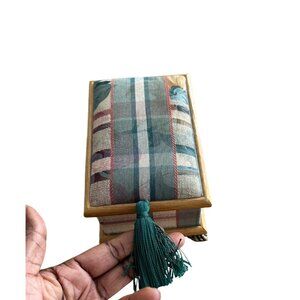 Wood Jewelry Box Floral &Plaid Upholstery Lift Top Mirror Tassel Metal Claw Feet